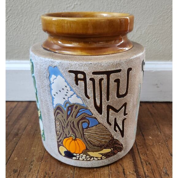 Vintage 1972 Crock Large Planter 4 Seasons Autumn Spring Winter Butterfly - Picture 4 of 15